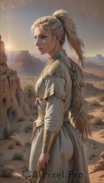 1girl,solo,long hair,breasts,blonde hair,long sleeves,dress,holding,brown eyes,jewelry,closed mouth,standing,ponytail,ass,cowboy shot,outdoors,parted lips,sky,cloud,white dress,armor,from side,lips,looking to the side,sunlight,grass,staff,backlighting,sunset,rock,mountain,realistic,nose,sun,looking afar,dirty,mountainous horizon,blue eyes,very long hair,day,artist name,see-through,profile,high ponytail,sunrise