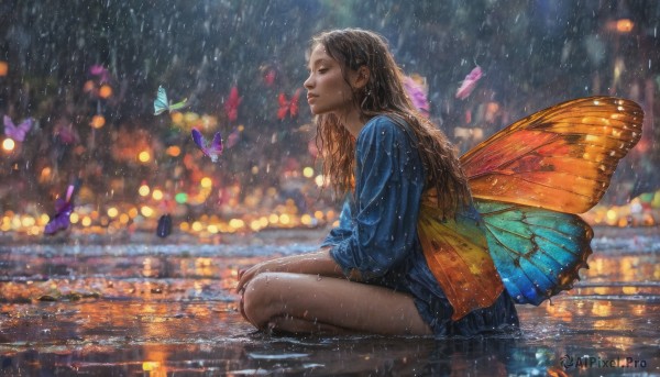 1girl, solo, long hair, brown hair, dress, jewelry, sitting, earrings, outdoors, wings, artist name, water, blurry, from side, wet, profile, night, watermark, bug, butterfly, rain, city, realistic, nose, fairy, butterfly wings, city lights