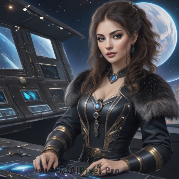 1girl,solo,long hair,breasts,looking at viewer,smile,brown hair,long sleeves,dress,cleavage,jewelry,medium breasts,sitting,earrings,sky,choker,belt,indoors,nail polish,lips,grey eyes,fur trim,window,makeup,night,wavy hair,moon,ring,lipstick,brooch,gem,star (sky),black nails,night sky,full moon,starry sky,science fiction,realistic,nose,red lips,space,planet,earth (planet),spacecraft,holographic interface,large breasts,brown eyes,jacket,upper body,ponytail,artist name,black jacket,fingernails,watermark,scar,scar on face,forehead,eyeshadow,scar across eye,mascara