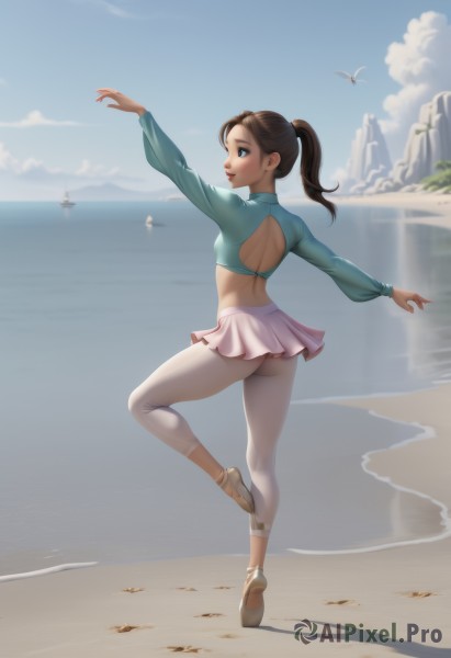 1girl,solo,long hair,breasts,smile,open mouth,blue eyes,skirt,brown hair,long sleeves,standing,full body,ponytail,ass,pantyhose,outdoors,sky,day,midriff,cloud,miniskirt,water,from behind,arm up,leotard,blue sky,legs,clothing cutout,shadow,bird,ocean,beach,standing on one leg,blue shirt,pink skirt,white pantyhose,sand,back cutout,athletic leotard,ballerina,ballet slippers,ballet,tutu,blush,small breasts,pants,artist name,lips,profile,back,leggings,tiptoes,waves,island