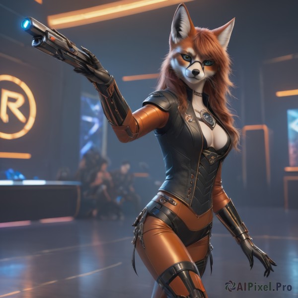 1girl,solo,long hair,breasts,looking at viewer,blue eyes,large breasts,brown hair,gloves,holding,animal ears,cleavage,jewelry,medium breasts,tail,weapon,cowboy shot,choker,artist name,necklace,holding weapon,blurry,gun,fox ears,bodysuit,blurry background,fox tail,heterochromia,holding gun,furry,handgun,colored sclera,furry female,black sclera,orange bodysuit,orange fur,standing,orange hair,armor,black choker,snout