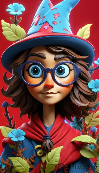 1girl,solo,looking at viewer,blush,smile,short hair,blue eyes,simple background,brown hair,hat,closed mouth,upper body,flower,glasses,medium hair,cape,witch hat,leaf,portrait,red background,blue headwear,freckles,blue flower,round eyewear,red cape,artist name,lips,watermark,web address,nose,blue-framed eyewear