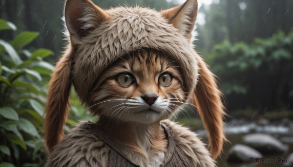 solo,looking at viewer,brown eyes,closed mouth,outdoors,blurry,no humans,depth of field,blurry background,animal,leaf,cat,plant,portrait,nature,rain,rock,realistic,animal focus,whiskers,signature,close-up,water drop,foliage