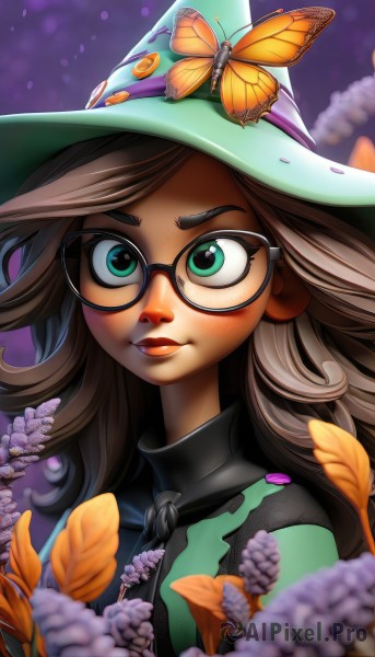 1girl,solo,long hair,looking at viewer,brown hair,hat,closed mouth,green eyes,upper body,flower,glasses,artist name,blurry,dark-skinned female,lips,eyelashes,makeup,witch hat,blurry background,leaf,watermark,thick eyebrows,bug,lipstick,butterfly,portrait,web address,freckles,purple background,black-framed eyewear,nose,green headwear,round eyewear,purple flower,red lips,witch,blush,depth of field