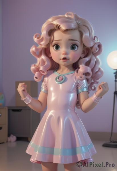 1girl,solo,long hair,looking at viewer,open mouth,blue eyes,blonde hair,dress,jewelry,green eyes,standing,pink hair,short sleeves,indoors,white dress,flat chest,bracelet,lips,see-through,loli,short dress,pink dress,clenched hands,curly hair,lamp,see-through dress,brown hair,bodysuit,stuffed toy,skin tight,realistic,nose,latex