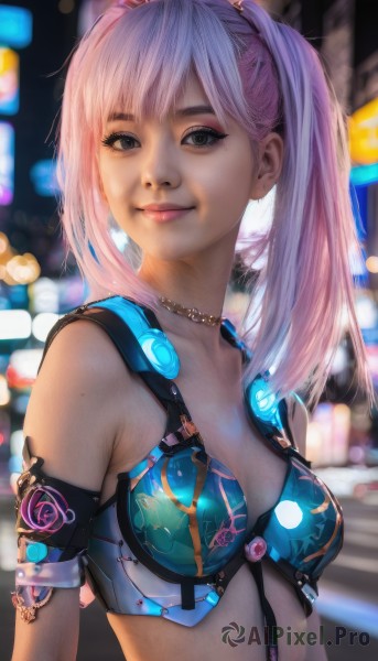 1girl,solo,long hair,breasts,looking at viewer,smile,bangs,cleavage,bare shoulders,twintails,jewelry,closed mouth,swimsuit,upper body,pink hair,bikini,multicolored hair,small breasts,necklace,mole,blurry,black eyes,lips,grey eyes,makeup,blurry background,armlet,realistic,nose,bikini armor,medium breasts,purple hair,outdoors,artist name,armor,eyelashes,depth of field,bikini top only,freckles,science fiction,cyberpunk