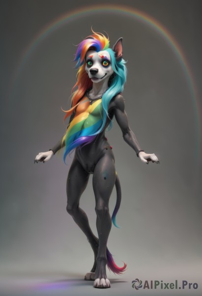 1girl,solo,long hair,breasts,looking at viewer,smile,navel,animal ears,nipples,green eyes,blue hair,standing,collarbone,tail,full body,nude,multicolored hair,small breasts,teeth,pussy,orange hair,aqua hair,gradient hair,colored skin,claws,furry,personification,colored sclera,multicolored eyes,furry female,body fur,rainbow,animal nose,yellow sclera,snout,two-tone fur,animal feet,grey fur,furrification,digitigrade,rainbow hair,blue eyes,blonde hair,simple background,very long hair,yellow eyes,pink hair,green hair,artist name,cat ears,grey background,necklace,cat tail,uncensored,makeup,heterochromia,watermark,messy hair,multicolored clothes,eyeshadow,facepaint