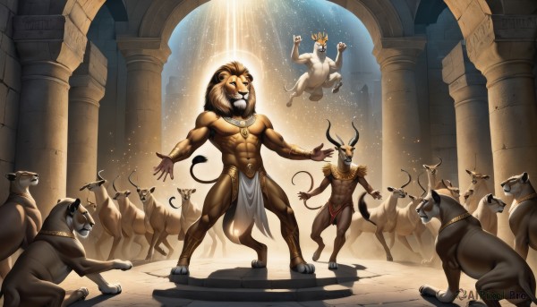 1boy,animal ears,jewelry,standing,tail,full body,male focus,multiple boys,horns,necklace,bracelet,muscular,glowing,facial hair,animal,abs,sunlight,pectorals,muscular male,pelvic curtain,furry,walking,6+boys,topless male,light rays,furry male,dancing,lion ears,loincloth,pillar,statue,brown fur,lion tail,lion,column,lion boy,goat,centauroid,brown hair,navel,teeth,signature,armor,collar,no humans,shadow,bird,fangs,watermark,cat,outstretched arms,web address,floating,jumping,spread arms,light,egyptian,arch,hooves,elephant,minotaur