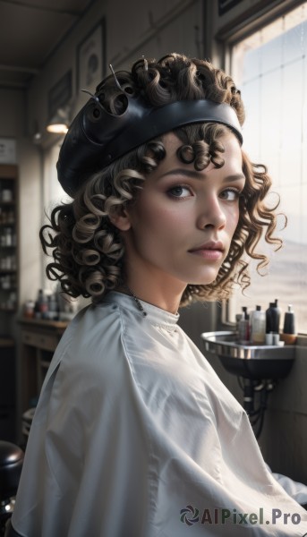 1girl,solo,looking at viewer,short hair,brown hair,shirt,hat,brown eyes,white shirt,upper body,parted lips,indoors,medium hair,blurry,from side,lips,looking to the side,window,black headwear,blurry background,freckles,curly hair,realistic,nose,black hair,dress,jewelry,necklace,white dress,makeup,table,bottle