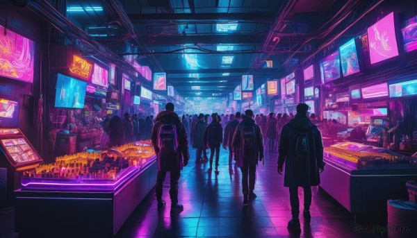 1girl,short hair,multiple girls,standing,jacket,multiple boys,indoors,bag,from behind,coat,backpack,scenery,reflection,science fiction,6+boys,silhouette,tiles,crowd,cyberpunk,reflective floor,neon lights,6+others,night,city,sign,facing away,dark,tile floor,wide shot,multiple others,ambiguous gender,shop,people