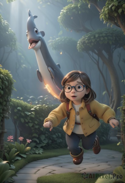 1girl,solo,looking at viewer,smile,short hair,open mouth,bangs,brown hair,shirt,long sleeves,brown eyes,jacket,white shirt,flower,boots,outdoors,parted lips,open clothes,glasses,teeth,pants,artist name,medium hair,bag,black eyes,tree,buttons,animal,leaf,brown footwear,black pants,sunlight,backpack,cardigan,grass,plant,denim,child,nature,pink flower,forest,fish,walking,black-framed eyewear,running,jeans,light rays,blue pants,female child,yellow jacket,open cardigan,brown bag,path,full body,shoes,day,tongue,open jacket,lips