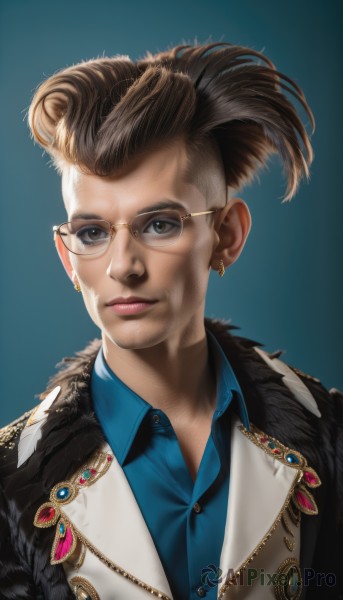 solo,looking at viewer,short hair,simple background,brown hair,shirt,1boy,brown eyes,jewelry,closed mouth,jacket,upper body,male focus,earrings,glasses,collared shirt,vest,lips,fur trim,buttons,blue background,blue shirt,brooch,gem,portrait,realistic,nose,artist name,feathers,pompadour,yellow-framed eyewear