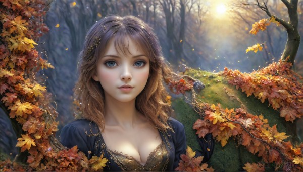 HQ,1girl,solo,long hair,breasts,looking at viewer,bangs,blue eyes,brown hair,hair ornament,dress,cleavage,medium breasts,closed mouth,collarbone,upper body,outdoors,parted lips,day,artist name,blurry,tree,lips,eyelashes,makeup,depth of field,leaf,wavy hair,sunlight,grass,nature,forest,realistic,nose,autumn leaves,dappled sunlight,autumn,falling leaves,blonde hair,flower,wind,veil,scenery,fantasy,sun,maple leaf