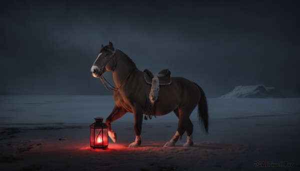 solo,holding,outdoors,sky,no humans,night,glowing,animal,1other,lantern,mountain,riding,dark,horse,grey sky,holding lantern,saddle,scenery,snow,animal focus