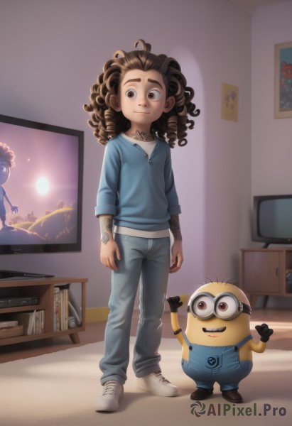 1girl,long hair,looking at viewer,smile,brown hair,shirt,1boy,brown eyes,jewelry,standing,full body,shoes,pants,indoors,dark skin,dark-skinned female,book,tattoo,drill hair,white footwear,blue shirt,denim,goggles,child,curly hair,jeans,female child,overalls,arm tattoo,television,shelf,dreadlocks,blue overalls,open mouth,gloves,closed mouth,male focus,multiple boys,glasses,teeth,black gloves,artist name,2boys,arm up,shadow,brown footwear,sneakers,bookshelf