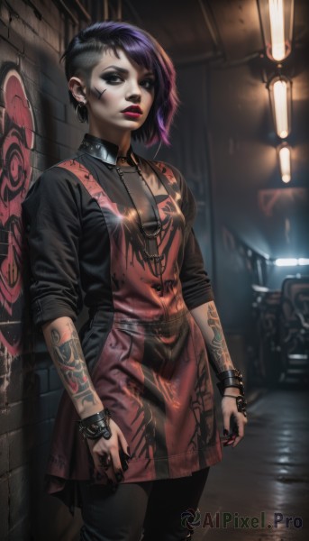 1girl,solo,breasts,looking at viewer,short hair,bangs,shirt,black hair,dress,jewelry,closed mouth,standing,purple hair,multicolored hair,cowboy shot,earrings,outdoors,necktie,pants,necklace,nail polish,black eyes,collar,bracelet,two-tone hair,lips,black shirt,tattoo,makeup,facial mark,black pants,piercing,ring,lipstick,ear piercing,black nails,black necktie,eyeshadow,asymmetrical hair,hoop earrings,nose,red lips,eyeliner,arm tattoo,facepaint,undercut,facial tattoo,sleeves pushed up,gothic,thumb ring,cyberpunk,neck tattoo,graffiti,jacket,parted lips,open clothes,teeth,collared shirt,black jacket,swept bangs,denim,sleeves rolled up,jeans,against wall,very short hair,leather,brick wall,torn pants,leather jacket,mascara,nose piercing,neon lights,eyebrow piercing,studded bracelet