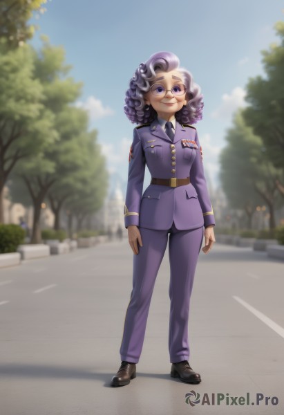 1girl,solo,looking at viewer,smile,shirt,long sleeves,closed mouth,standing,purple eyes,jacket,full body,purple hair,grey hair,outdoors,necktie,sky,shoes,glasses,day,collared shirt,belt,pants,black footwear,blurry,uniform,dark-skinned female,tree,blue sky,military,military uniform,blurry background,black necktie,epaulettes,curly hair,pocket,black belt,arms at sides,road,breast pocket,purple jacket,police,purple pants,breasts,jewelry,white shirt,multicolored hair,earrings,small breasts,artist name,cloud,medium hair,two-tone hair,lips,makeup,buttons,depth of field,watermark,brown footwear,formal,thick eyebrows,suit,round eyewear