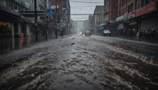 outdoors,sky,no humans,ground vehicle,building,scenery,motor vehicle,rain,city,sign,realistic,car,road,cityscape,power lines,lamppost,street,utility pole,road sign,grey sky,traffic light,truck,real world location,day,cloud,window,cloudy sky,snow,crosswalk,sidewalk