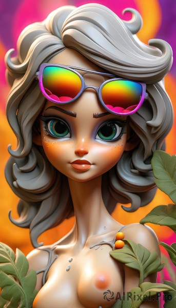 1girl,solo,long hair,breasts,looking at viewer,closed mouth,nipples,green eyes,collarbone,upper body,grey hair,nude,small breasts,artist name,medium hair,blurry,lips,eyelashes,makeup,leaf,watermark,sunglasses,plant,eyewear on head,eyeshadow,freckles,curly hair,tinted eyewear,brown hair,medium breasts,food,fruit,topless,nose