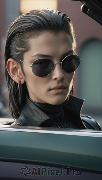 1girl,solo,long hair,looking at viewer,black hair,jewelry,closed mouth,jacket,weapon,earrings,medium hair,blurry,black eyes,lips,gun,depth of field,blurry background,turtleneck,sunglasses,ground vehicle,portrait,motor vehicle,forehead,realistic,nose,car,stud earrings,leather,aviator sunglasses,genderswap,close-up,genderswap (mtf),hoop earrings,leather jacket,car interior