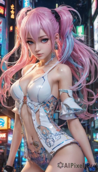 1girl,solo,long hair,breasts,looking at viewer,bangs,blue eyes,large breasts,hair ornament,gloves,navel,cleavage,hair between eyes,bare shoulders,twintails,jewelry,medium breasts,underwear,collarbone,pink hair,multicolored hair,cowboy shot,earrings,parted lips,black gloves,fingerless gloves,mole,blurry,lips,mole under eye,tattoo,blurry background,piercing,city,navel piercing,closed mouth,standing,outdoors,detached sleeves,choker,artist name,bracelet,eyelashes,night,watermark,ground vehicle,motor vehicle,armlet,realistic,car