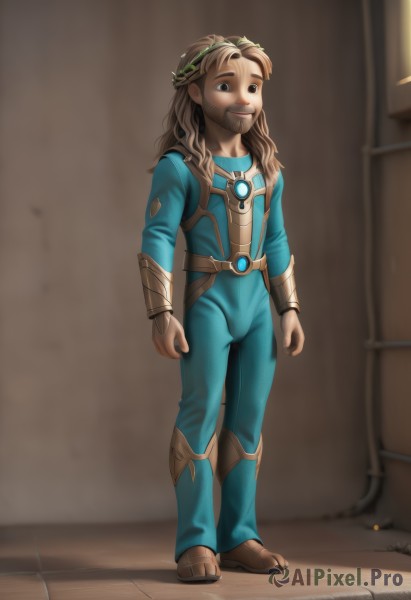 solo,long hair,smile,brown hair,1boy,brown eyes,closed mouth,standing,full body,male focus,indoors,armor,blurry,black eyes,cosplay,bodysuit,blurry background,facial hair,parody,beard,mustache,arms at sides,blue bodysuit,looking at viewer,boots,artist name,watermark,brown footwear,realistic,bracer,alley