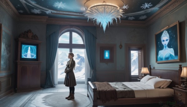 1girl,solo,looking at viewer,short hair,blue eyes,brown hair,gloves,long sleeves,1boy,hat,closed mouth,standing,male focus,boots,pants,indoors,coat,pillow,book,window,black headwear,bed,glowing,colored skin,on bed,chair,brown footwear,black pants,table,own hands together,curtains,scenery,snow,teddy bear,crystal,wooden floor,snowing,blue skin,lamp,snowflakes,bedroom,picture frame,painting (object),carpet,picture (object),chandelier,portrait (object),dress,holding,reflection,ghost,candle,wide shot,statue,candlestand