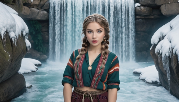 1girl,solo,long hair,breasts,looking at viewer,smile,blue eyes,brown hair,shirt,navel,brown eyes,jewelry,closed mouth,standing,collarbone,upper body,braid,short sleeves,hairband,earrings,outdoors,day,midriff,belt,water,necklace,twin braids,tree,lips,blue shirt,nature,hair over shoulder,snow,forest,rock,realistic,nose,green shirt,arms at sides,headdress,red lips,winter,waterfall,cave,traditional clothes,multiple braids,parted lips