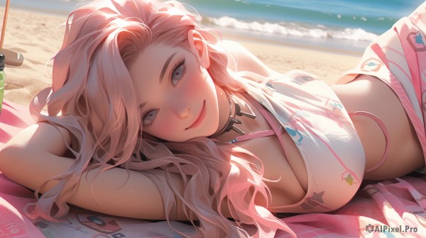 1girl,solo,long hair,breasts,looking at viewer,blush,smile,blue eyes,blonde hair,large breasts,cleavage,closed mouth,swimsuit,pink hair,bikini,outdoors,lying,choker,day,water,necklace,blurry,lips,grey eyes,makeup,blurry background,ocean,umbrella,on side,beach,bottle,towel,pink lips,sand,sarong,beach towel,shirt,bare shoulders,jewelry,multicolored hair,midriff,artist name,crop top,depth of field,halterneck,wavy hair,white bikini,sunlight,on stomach,blanket,product placement