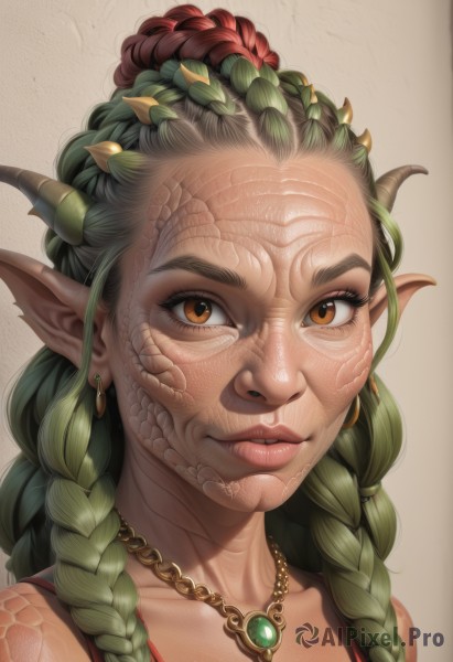 1girl,solo,long hair,looking at viewer,hair ornament,brown eyes,jewelry,collarbone,braid,earrings,green hair,horns,pointy ears,necklace,twin braids,lips,orange eyes,monster girl,portrait,realistic,scales,eyelashes,gem,hair over shoulder,dragon horns,dragon girl,nose,multiple braids