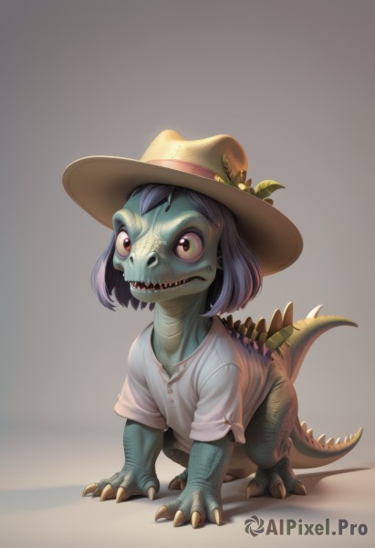 solo,open mouth,simple background,shirt,red eyes,hat,standing,tail,full body,white shirt,purple hair,flower,teeth,pink eyes,grey background,gradient,gradient background,no humans,shadow,colored skin,fangs,sharp teeth,claws,brown background,realistic,yellow flower,brown headwear,sunflower,hat flower,green skin,dinosaur,lizard,looking at viewer,green eyes,short sleeves,scales,shell,clothed pokemon