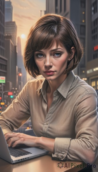 1girl,solo,breasts,looking at viewer,short hair,bangs,blue eyes,brown hair,shirt,black hair,long sleeves,jewelry,sitting,white shirt,upper body,earrings,outdoors,parted lips,sky,collared shirt,artist name,blurry,lips,buttons,blurry background,watermark,bob cut,building,grey shirt,freckles,sunset,city,realistic,nose,cityscape,computer,laptop,skyscraper,medium breasts,signature,dress shirt,makeup