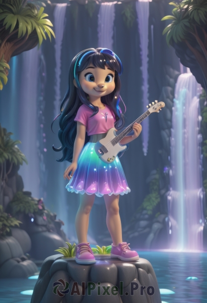 1girl,solo,long hair,looking at viewer,smile,bangs,skirt,shirt,black hair,holding,brown eyes,closed mouth,standing,full body,short sleeves,hairband,outdoors,shoes,water,black eyes,tree,blue skirt,grass,sneakers,instrument,child,nature,forest,pink shirt,rock,music,guitar,female child,purple footwear,playing instrument,holding instrument,waterfall,stream,blue eyes,t-shirt,pink footwear,cave