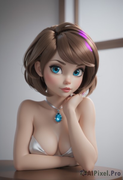 1girl,solo,breasts,looking at viewer,blush,smile,short hair,bangs,blue eyes,brown hair,dress,cleavage,bare shoulders,jewelry,medium breasts,closed mouth,collarbone,upper body,multicolored hair,hairband,choker,artist name,indoors,necklace,white dress,blurry,lips,bare arms,eyelashes,window,strapless,makeup,blurry background,swept bangs,table,lipstick,gem,hand on own face,pendant,freckles,head rest,mascara,swimsuit,bikini,streaked hair,white bikini