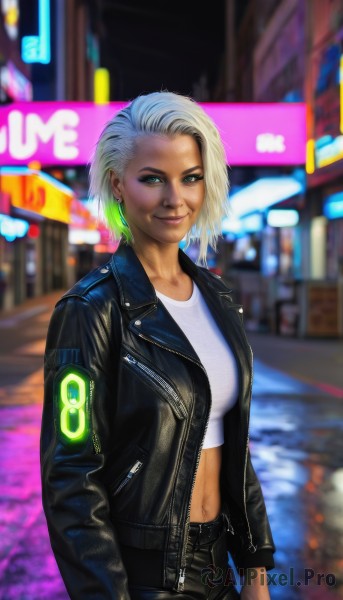 1girl,solo,breasts,looking at viewer,smile,short hair,blue eyes,blonde hair,shirt,navel,jewelry,medium breasts,closed mouth,standing,jacket,white shirt,white hair,multicolored hair,cowboy shot,earrings,outdoors,open clothes,midriff,pants,dark skin,blurry,two-tone hair,open jacket,dark-skinned female,lips,black jacket,crop top,makeup,blurry background,black pants,eyeshadow,zipper,realistic,nose,leather,leather jacket,cyberpunk,neon lights,leather pants,long sleeves,green eyes,artist name,signature,night,piercing,denim,jeans,city,unzipped