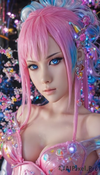 1girl,solo,long hair,breasts,looking at viewer,bangs,blue eyes,hair ornament,cleavage,bare shoulders,jewelry,medium breasts,closed mouth,underwear,blue hair,collarbone,upper body,pink hair,sidelocks,multicolored hair,earrings,bra,blurry,two-tone hair,lips,see-through,eyelashes,makeup,blurry background,gem,realistic,pink bra,nose,mascara,dress,flower,artist name,eyeshadow