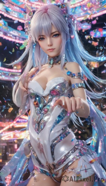 1girl,solo,long hair,breasts,looking at viewer,smile,bangs,blue eyes,hair ornament,cleavage,hair between eyes,bare shoulders,jewelry,medium breasts,blue hair,standing,white hair,multicolored hair,cowboy shot,small breasts,parted lips,choker,nail polish,blurry,leotard,two side up,lips,fingernails,strapless,detached collar,armlet,strapless leotard,blue nails,realistic,nose,white leotard,confetti,closed mouth,grey hair,artist name,hair flower,watermark,gem,showgirl skirt