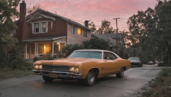 outdoors,sky,cloud,tree,no humans,window,cloudy sky,grass,ground vehicle,building,scenery,motor vehicle,sunset,fence,car,road,bush,house,vehicle focus,power lines,lamppost,street,utility pole,evening,radio antenna,truck,signature,sports car,tire