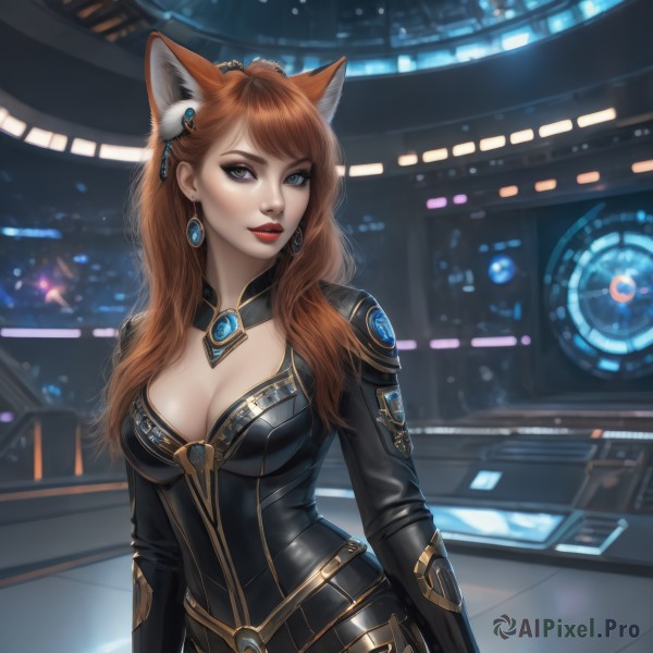 1girl,solo,long hair,breasts,looking at viewer,smile,bangs,blue eyes,large breasts,brown hair,hair ornament,long sleeves,animal ears,cleavage,jewelry,medium breasts,cowboy shot,earrings,belt,artist name,cat ears,orange hair,mole,lips,animal ear fluff,fox ears,clothing cutout,bodysuit,makeup,cleavage cutout,lipstick,gem,eyeshadow,science fiction,realistic,nose,black bodysuit,red lips,eyeliner,standing,red hair,indoors,swept bangs