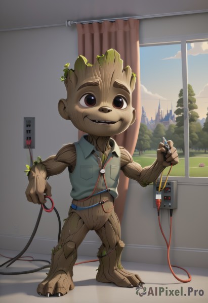 solo,smile,1boy,brown eyes,standing,full body,male focus,sky,teeth,indoors,tree,no humans,window,plant,curtains,furry,cable,furry male,male child,alien,looking at viewer,open mouth,sleeveless,cloud,vest,muscular,claws,buck teeth