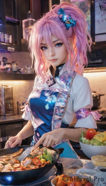 1girl,solo,long hair,breasts,looking at viewer,smile,bangs,blue eyes,shirt,hair ornament,bow,ribbon,holding,hair between eyes,jewelry,medium breasts,closed mouth,hair ribbon,white shirt,upper body,ponytail,pink hair,short sleeves,hair bow,sidelocks,food,indoors,blurry,apron,cup,lips,fruit,wavy hair,blue bow,high ponytail,knife,blue ribbon,plate,bowl,pink lips,realistic,spoon,fork,apple,egg,cooking,noodles,kitchen,jar,lemon,tomato,frying pan,lemon slice,blue apron,stove,pasta,kitchen knife,salad,dress,flower,artist name,hair flower,side ponytail,blue dress,chinese clothes,floral print,armband,china dress,nose,holding knife,spatula,cutting board,corn,onion