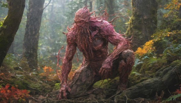 solo,looking at viewer,1boy,sitting,flower,male focus,outdoors,day,armor,tree,facial hair,squatting,nature,beard,forest,monster,one knee,weapon,teeth,no humans,colored skin,scenery,spikes,branch