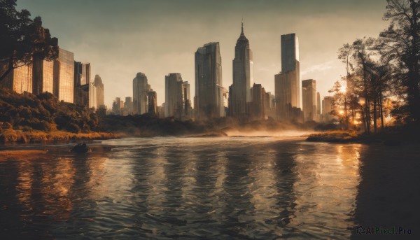 outdoors,sky,cloud,water,tree,no humans,cloudy sky,building,scenery,reflection,sunset,city,cityscape,ruins,bare tree,river,skyscraper,bridge,lake,skyline,real world location