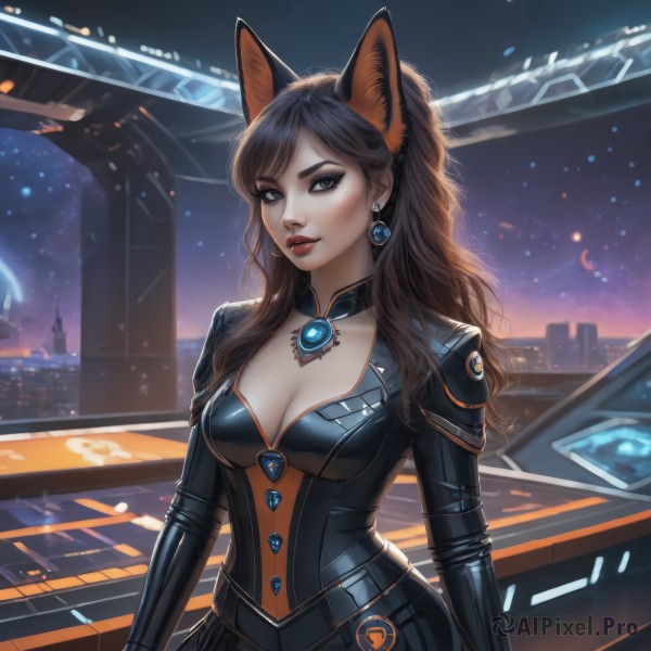 1girl,solo,long hair,breasts,looking at viewer,bangs,blue eyes,brown hair,black hair,animal ears,cleavage,brown eyes,jewelry,medium breasts,earrings,parted lips,sky,choker,artist name,cat ears,signature,armor,mole,black eyes,lips,bodysuit,makeup,night,fake animal ears,wavy hair,lipstick,gem,star (sky),eyeshadow,starry sky,science fiction,nose,red lips,eyeliner,space,long sleeves,closed mouth,standing,upper body,ponytail,collar,eyelashes,mole under eye,swept bangs,thick eyebrows,building,dog ears,backlighting,city,realistic,black bodysuit,cityscape,cyberpunk