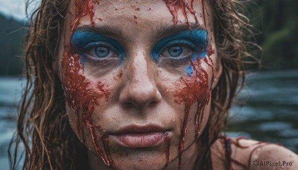 1girl,solo,long hair,looking at viewer,blue eyes,brown hair,closed mouth,blurry,lips,eyelashes,blood,makeup,blurry background,messy hair,portrait,close-up,freckles,blood on face,realistic,nose,depth of field,injury