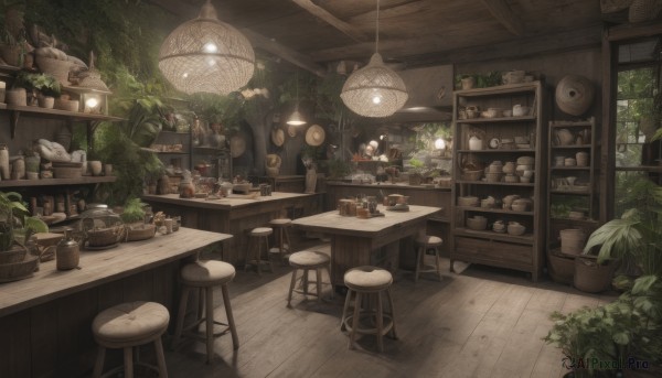 food,indoors,tree,cup,no humans,window,chair,table,bottle,plant,scenery,plate,drinking glass,tray,bowl,wooden floor,potted plant,lamp,wine glass,stool,shelf,jar,ceiling,bar (place),counter,barrel,ceiling light,wooden wall,bar stool,loaded interior,fantasy