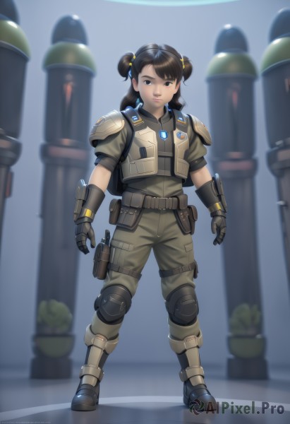 1girl,solo,looking at viewer,bangs,brown hair,black hair,hair ornament,gloves,twintails,brown eyes,standing,full body,weapon,boots,belt,pants,artist name,hair bun,armor,uniform,black eyes,vest,lips,gun,military,cosplay,double bun,military uniform,knife,plant,pouch,holster,knee pads,shoulder pads,elbow pads,tactical clothes,bulletproof vest,smile,jacket,short sleeves,blurry,blurry background,brown gloves,science fiction,realistic,green gloves