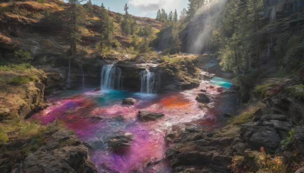 outdoors,sky,day,cloud,water,tree,no humans,sunlight,cloudy sky,nature,scenery,forest,light rays,rock,mountain,fantasy,river,waterfall,landscape,cliff,sunbeam