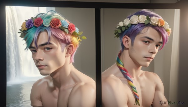 long hair,looking at viewer,blue eyes,hair ornament,1boy,brown eyes,closed mouth,blue hair,collarbone,upper body,pink hair,purple hair,braid,flower,male focus,multicolored hair,multiple boys,hair flower,water,black eyes,two-tone hair,lips,single braid,gradient hair,multiple views,rose,red flower,dual persona,freckles,topless male,realistic,head wreath,waterfall,symmetry,variations,split screen,rainbow hair,1girl,short hair,black hair,green hair,2boys,alternate hairstyle,scar,aged down,genderswap,genderswap (ftm),birthmark,joestar birthmark