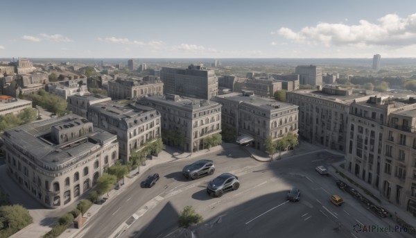 outdoors,sky,day,cloud,tree,blue sky,no humans,shadow,ground vehicle,building,scenery,motor vehicle,city,car,road,cityscape,lamppost,street,skyscraper,crosswalk,ocean,cloudy sky,vehicle focus,real world location